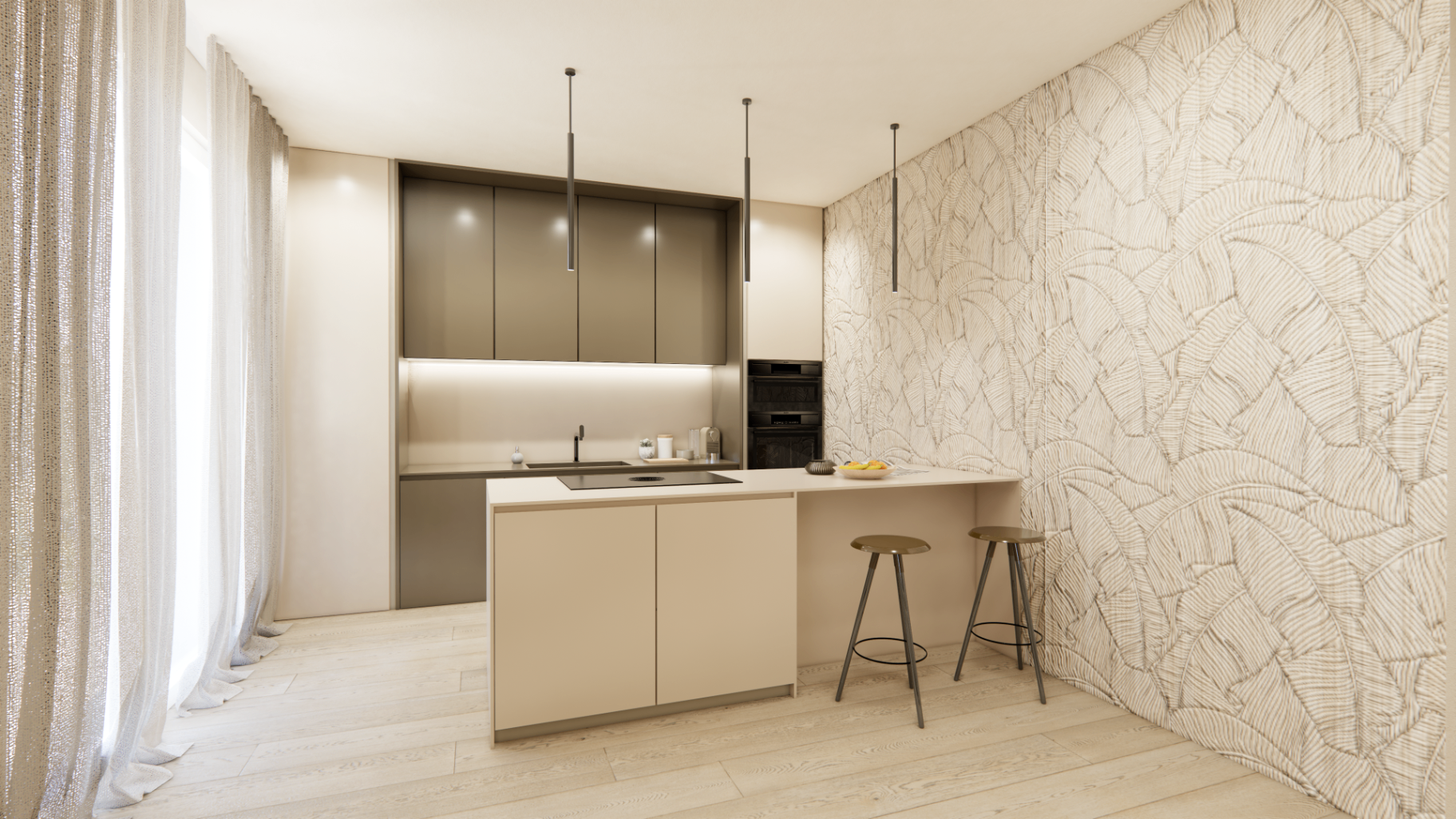Render della cucina con isola