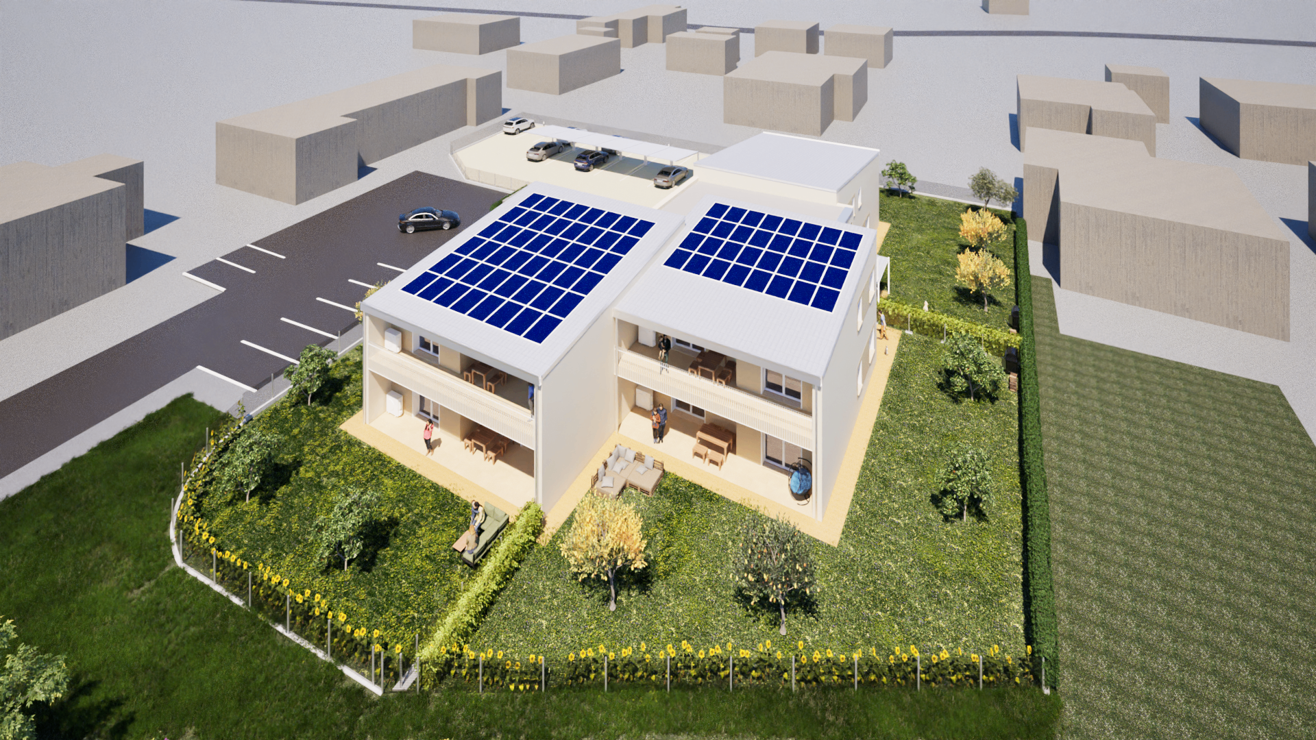 Pannelli fotovoltaici sul tetto del complesso residenziale
